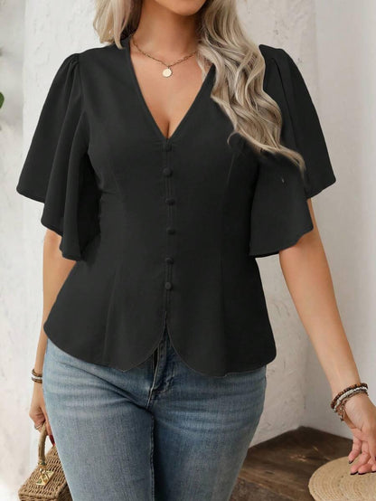 V Neck Button Front Blouse Flared Sleeves