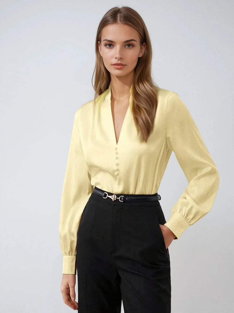 Deep V Neck Satin Long Sleeve Blouse for Business Elegance