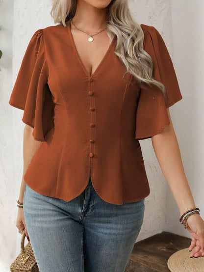 V Neck Button Front Blouse Flared Sleeves