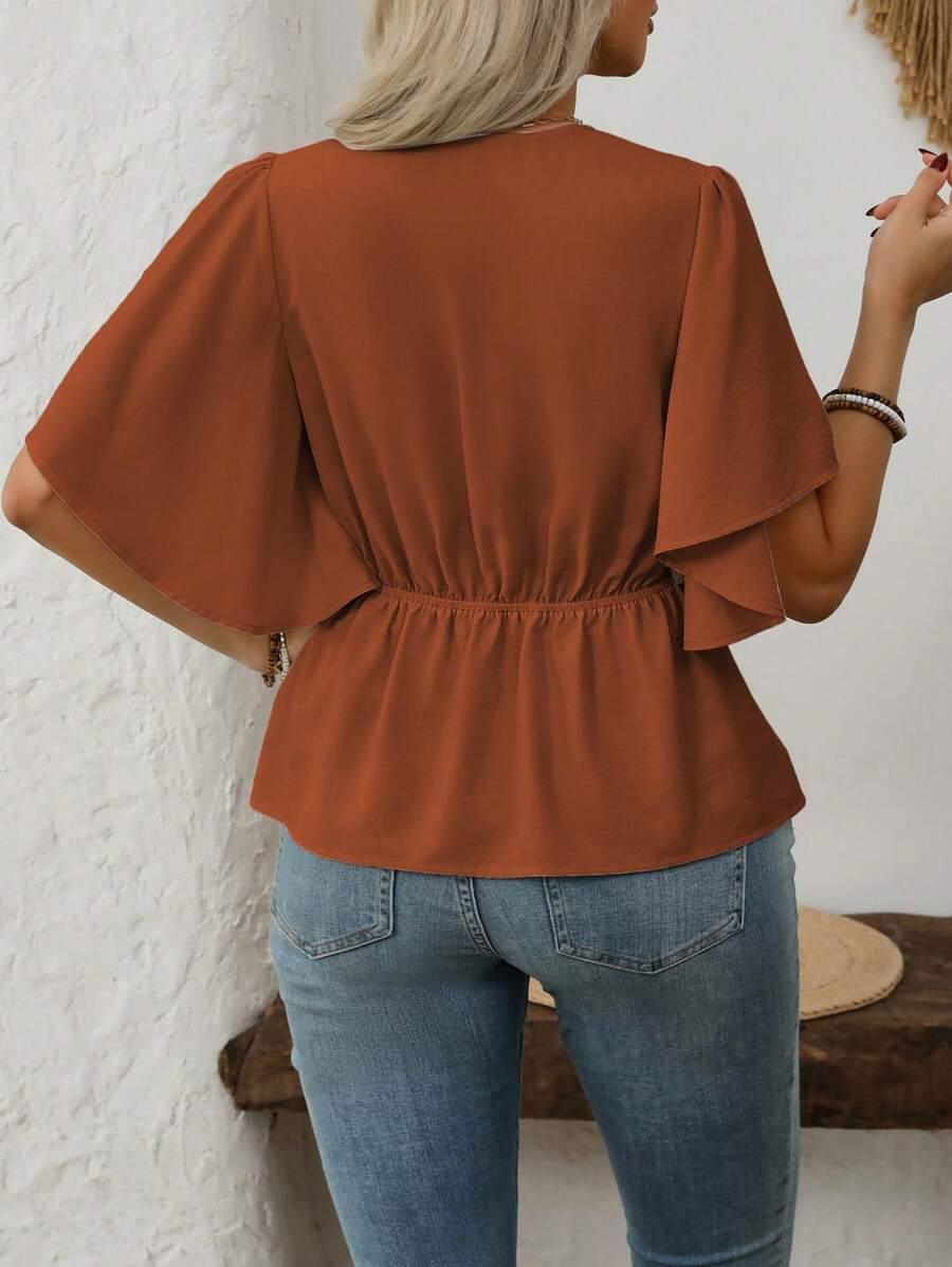 V Neck Button Front Blouse Flared Sleeves