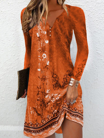 Long Sleeves Loose Printed V-neck Mini Dresses