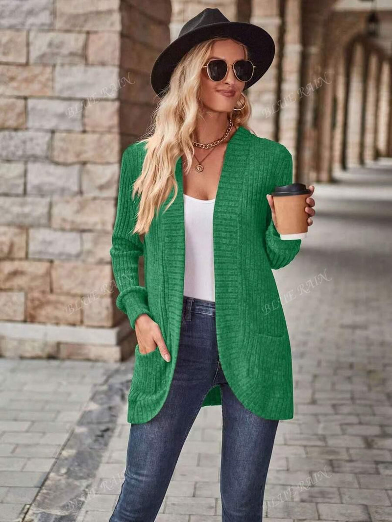 Color Knit Cardigan With Pockets Soft Cozy