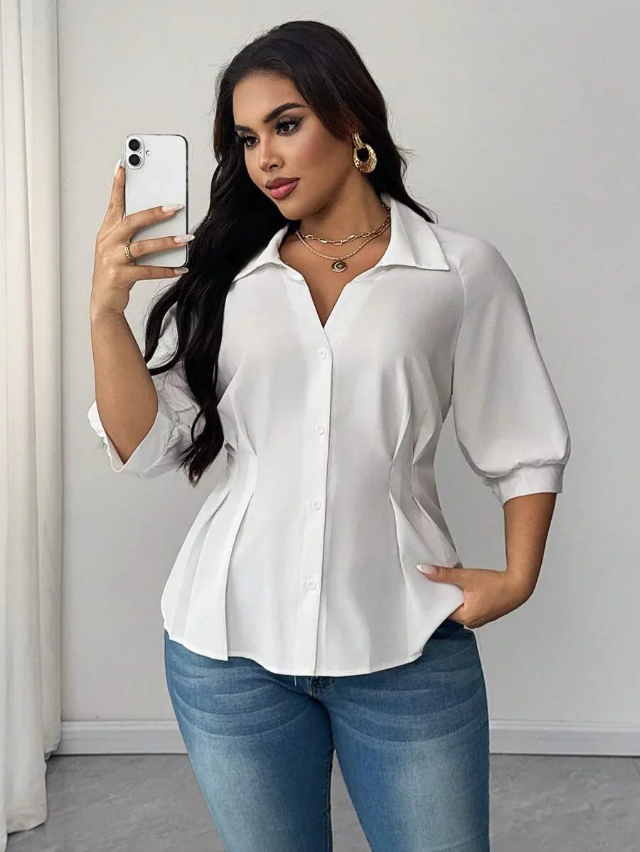 Collared Blouse With Ruched Waist Fit