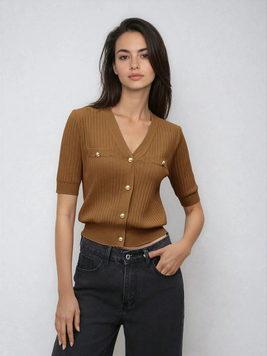 V Neck Knit Sweater With Button Front Short Sleeve