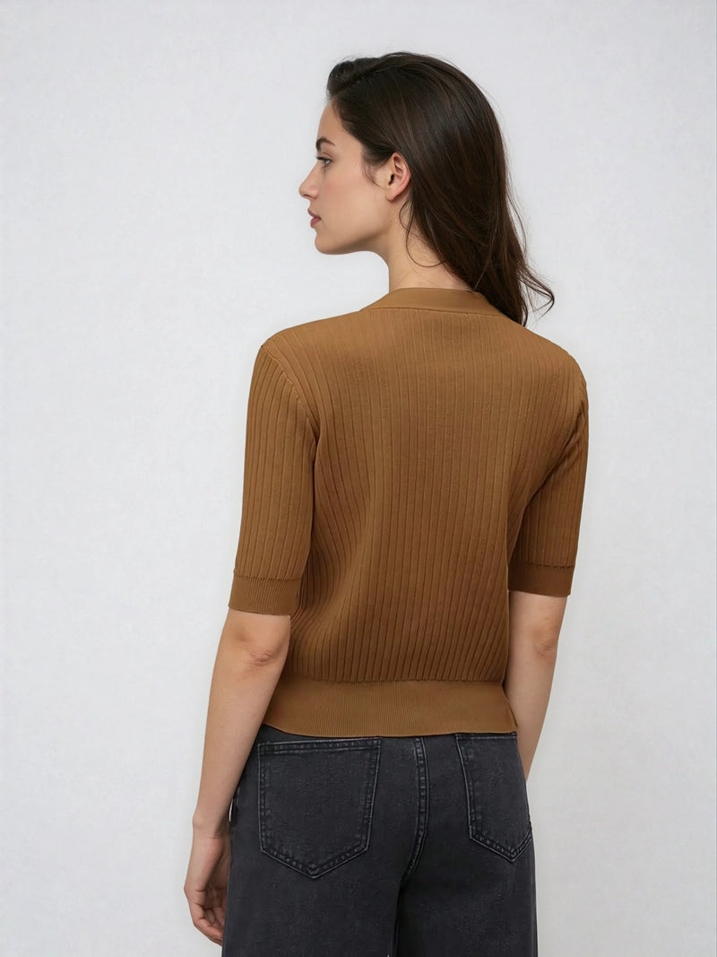 V Neck Knit Sweater With Button Front Short Sleeve