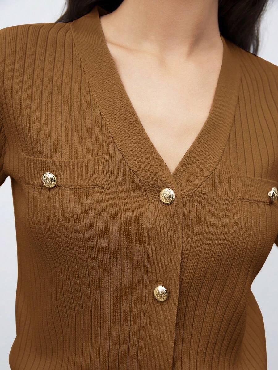 V Neck Knit Sweater With Button Front Short Sleeve