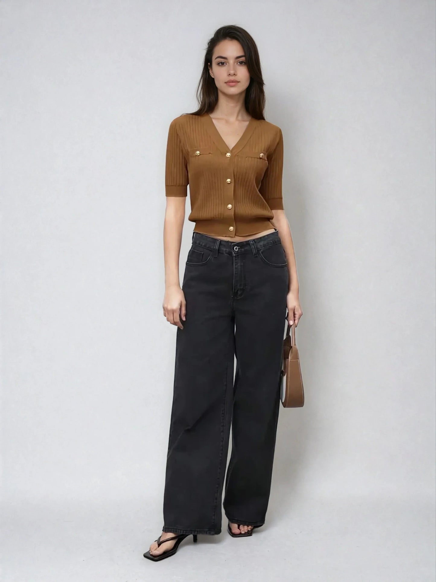 V Neck Knit Sweater With Button Front Short Sleeve