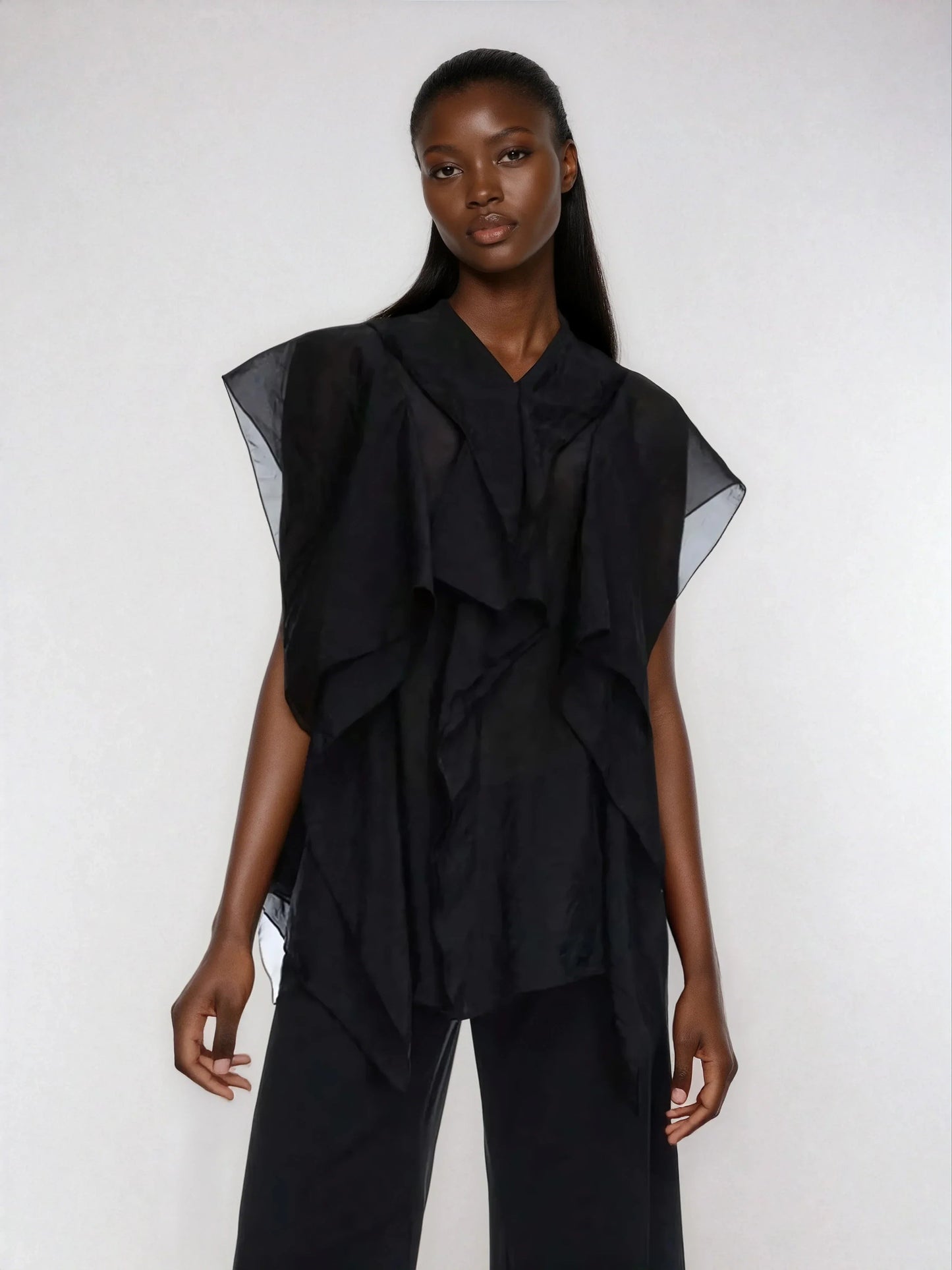 Ruffle Trim Mesh Patchwork Blouse Button Front