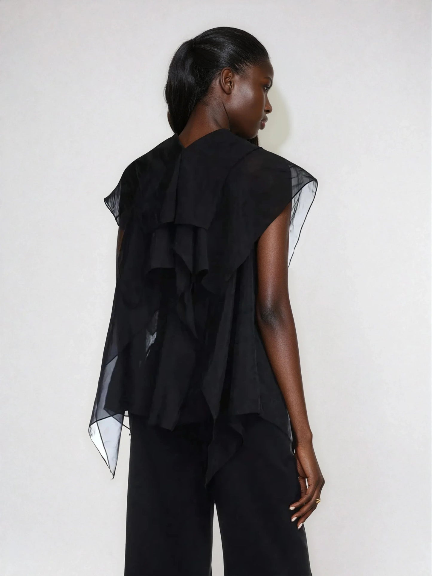 Ruffle Trim Mesh Patchwork Blouse Button Front