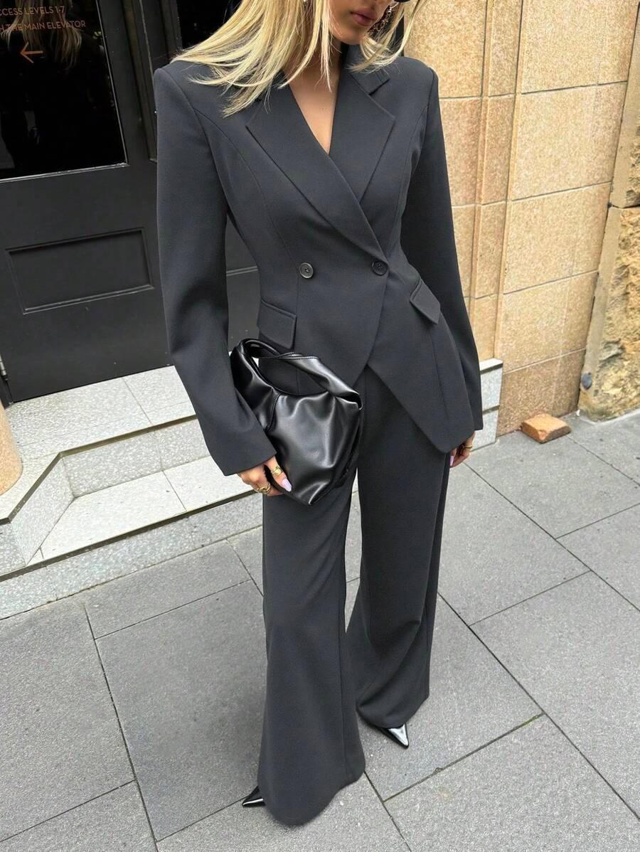 Notched Collar Jacket and Pants Office Suit Coffee Brown