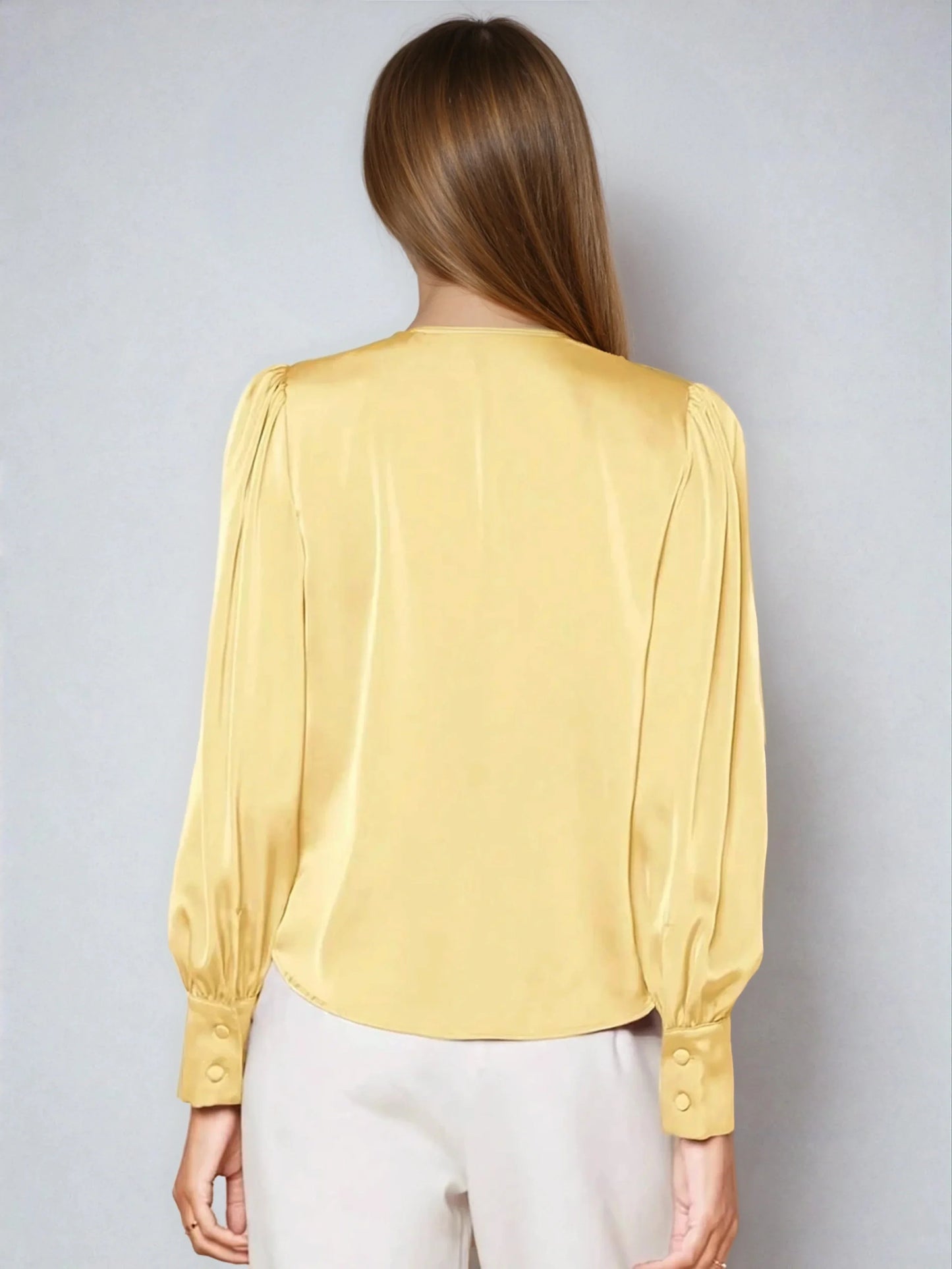 Satin V Neck Bubble Sleeve Blouse for Style