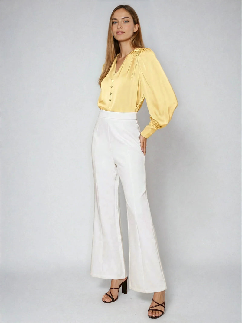Satin V Neck Bubble Sleeve Blouse for Style