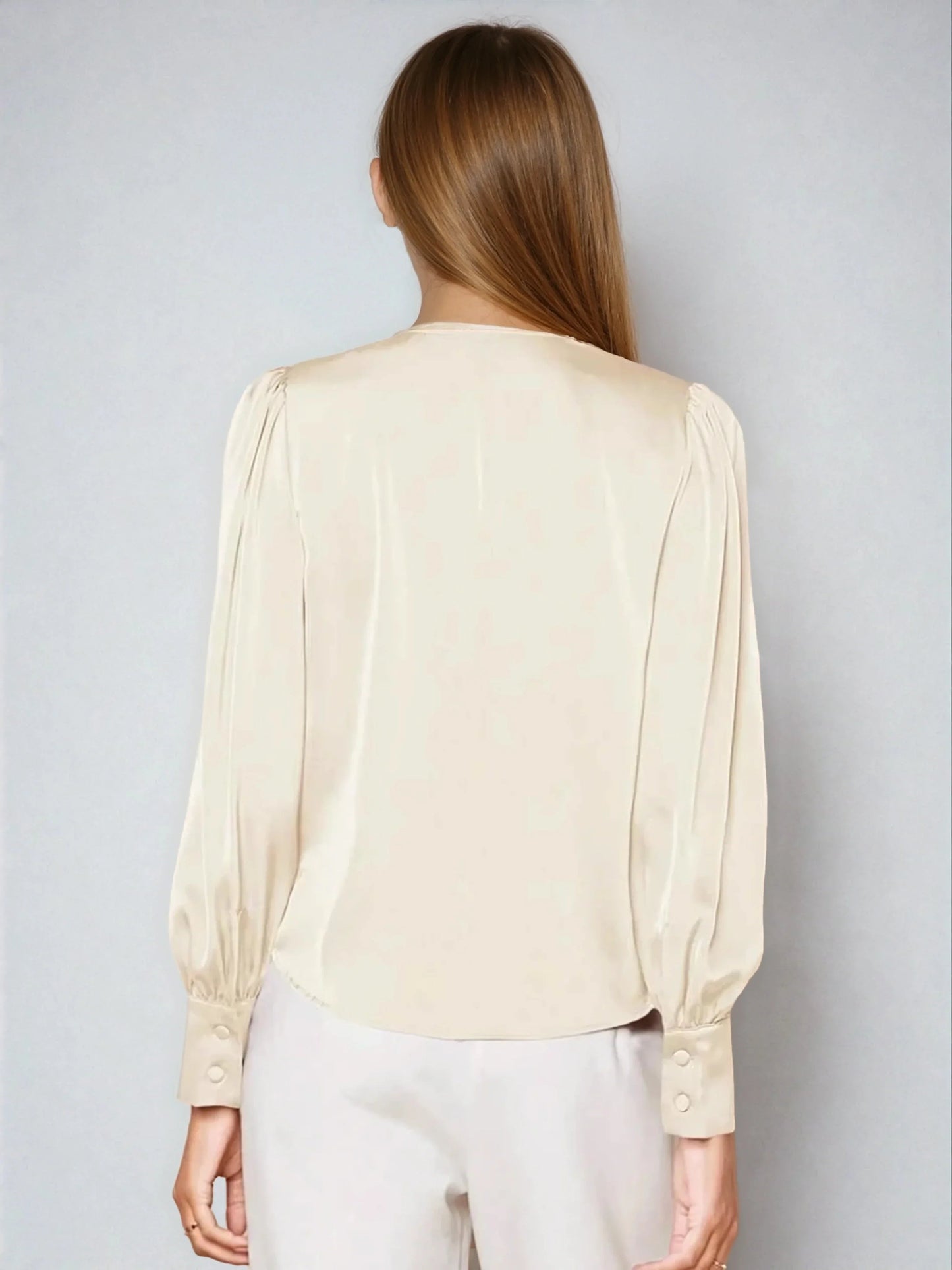 Satin V Neck Bubble Sleeve Blouse for Style