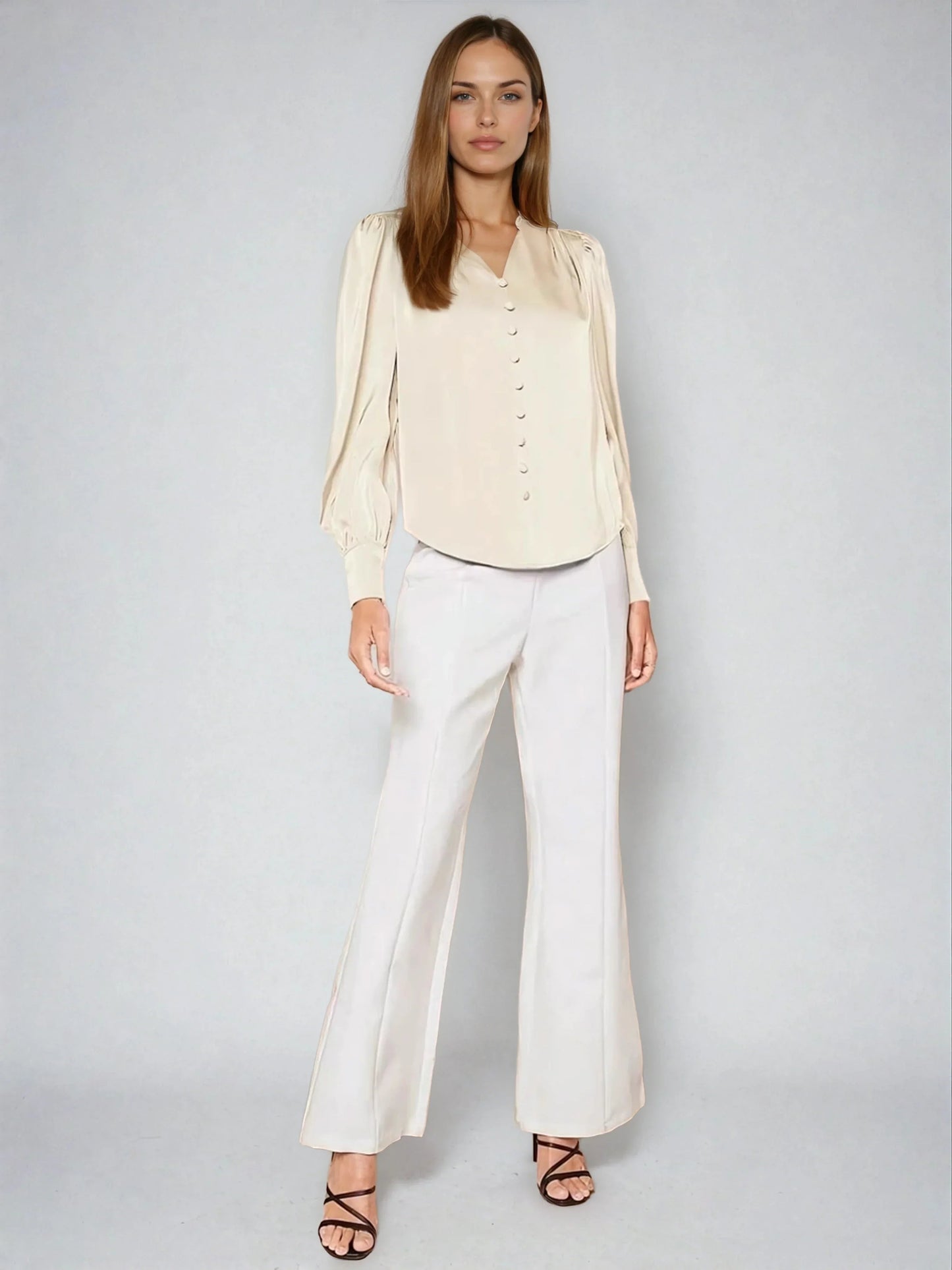 Satin V Neck Bubble Sleeve Blouse for Style