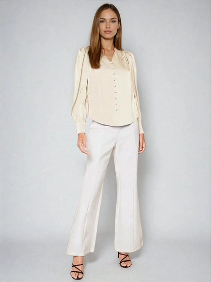 Satin V Neck Bubble Sleeve Blouse for Style