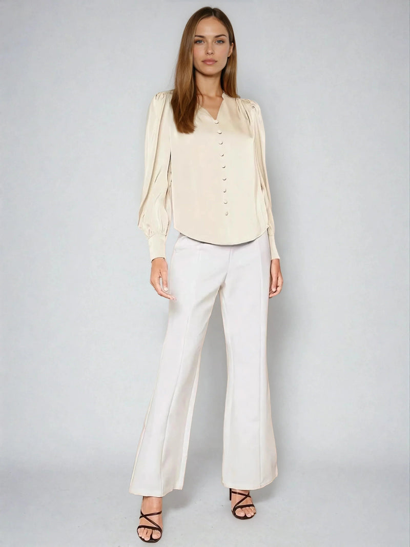 Satin V Neck Bubble Sleeve Blouse for Style