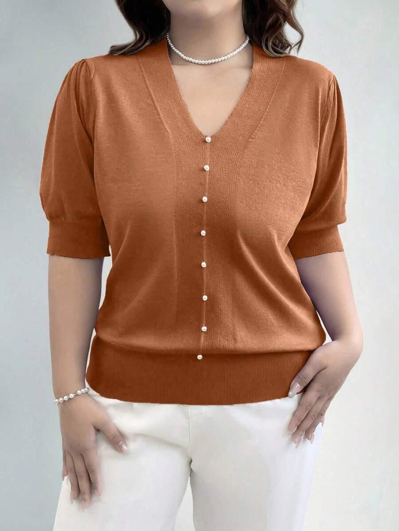 V Neck Puff Sleeve Knit Pullover Sweater