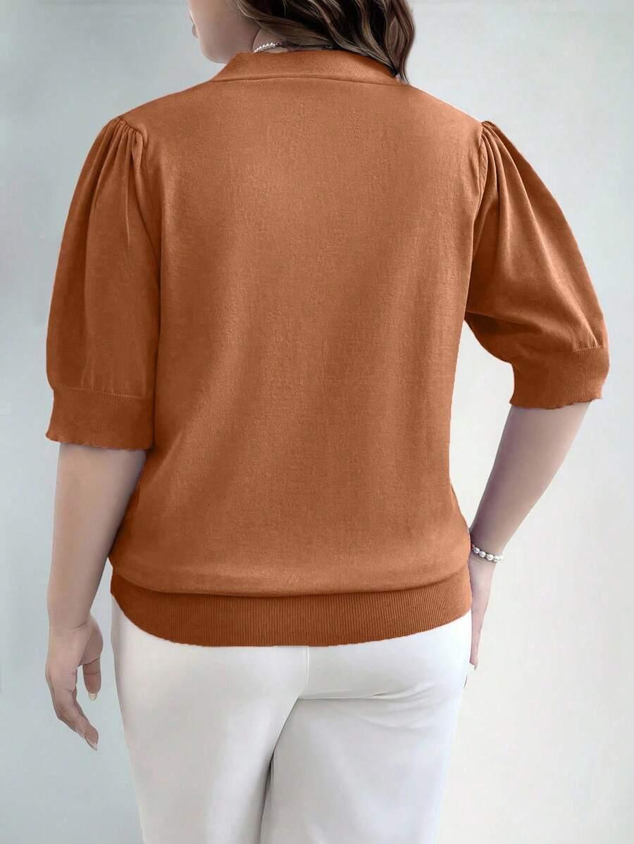 V Neck Puff Sleeve Knit Pullover Sweater
