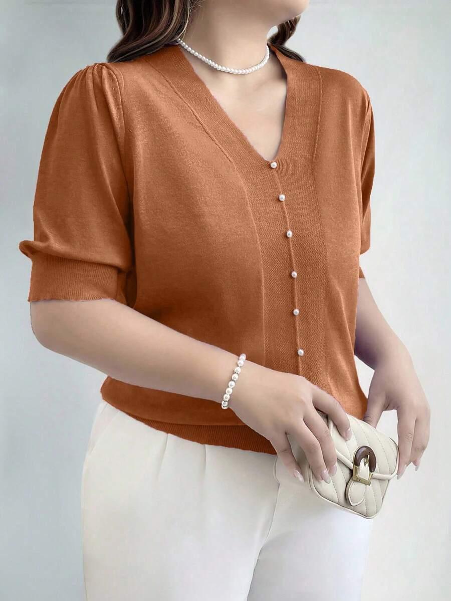V Neck Puff Sleeve Knit Pullover Sweater