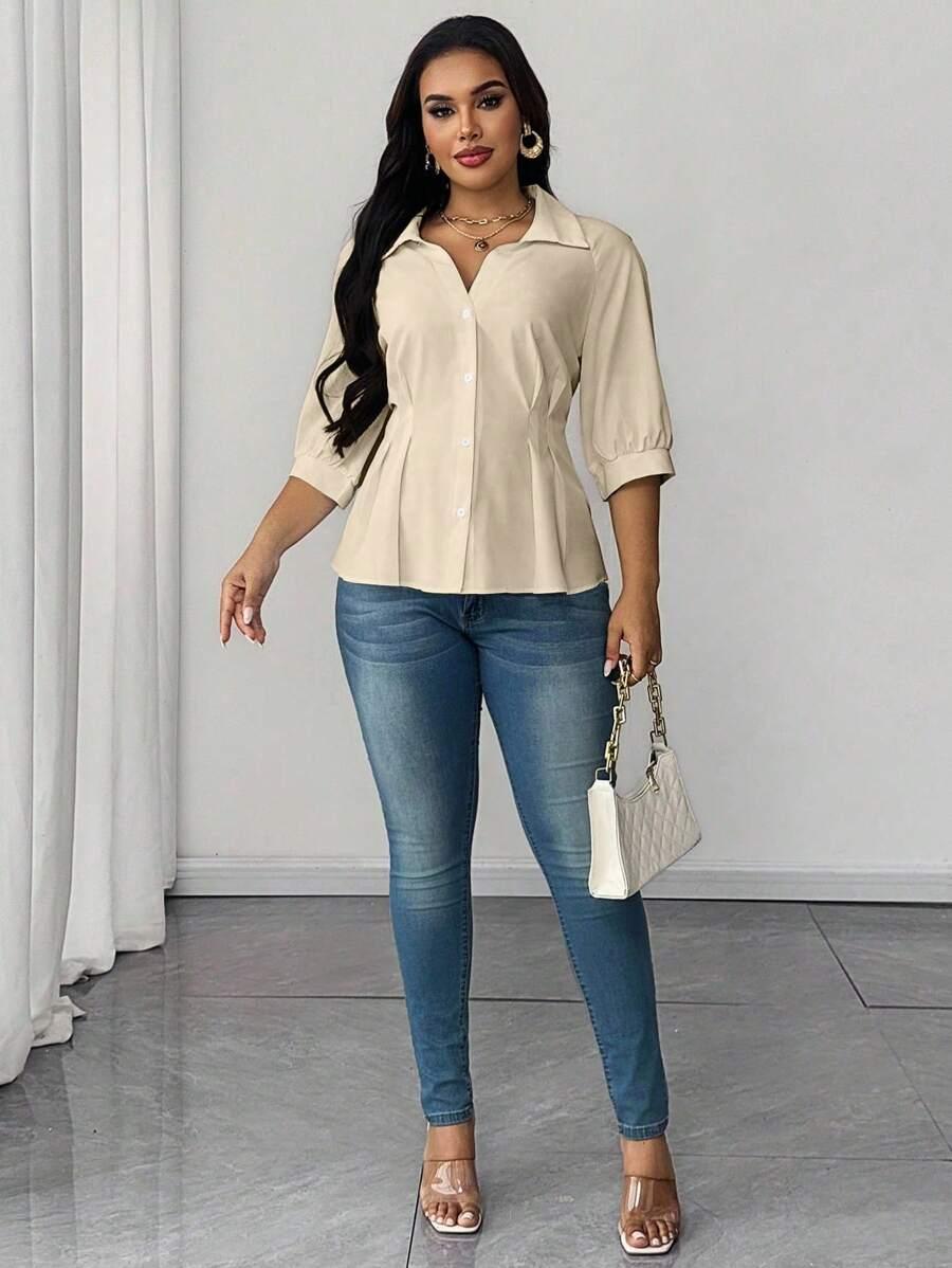 Collared Blouse With Ruched Waist Fit