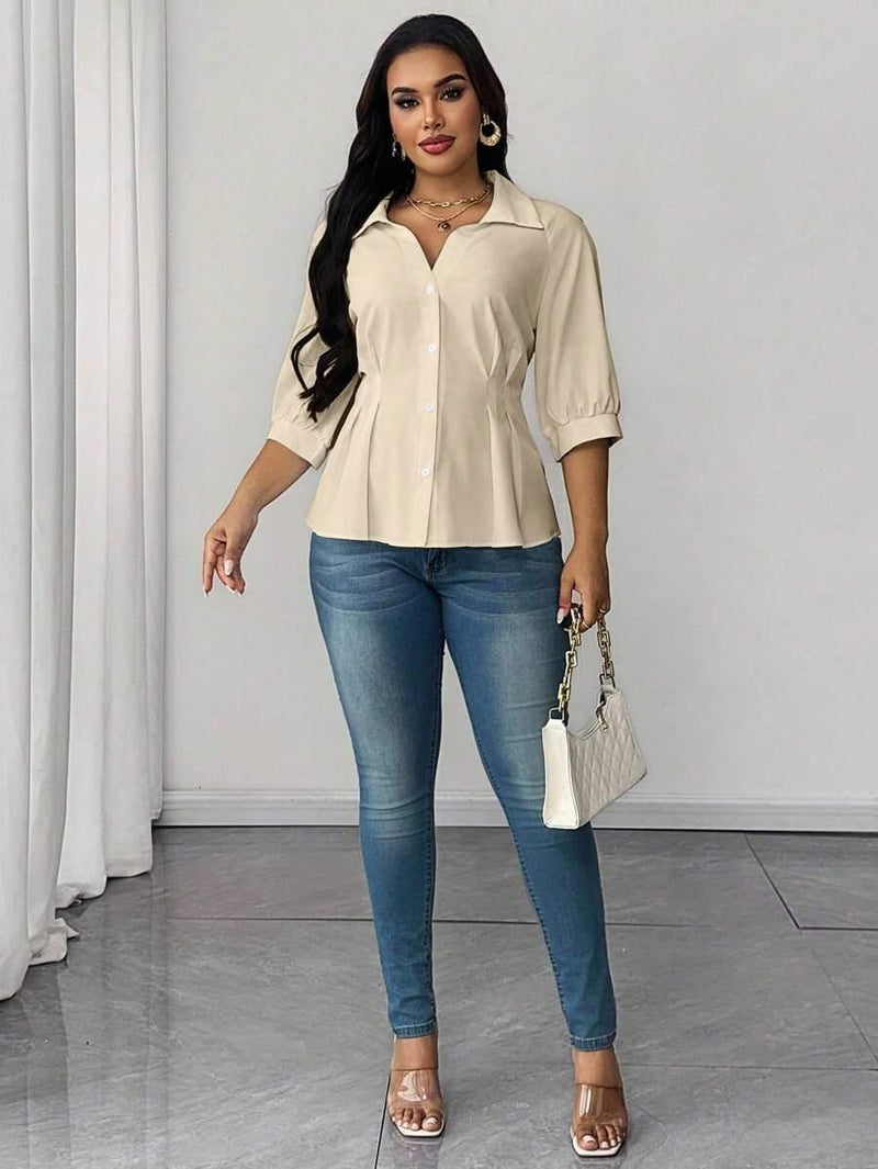 Collared Blouse With Ruched Waist Fit