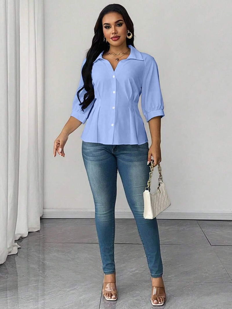Collared Blouse With Ruched Waist Fit