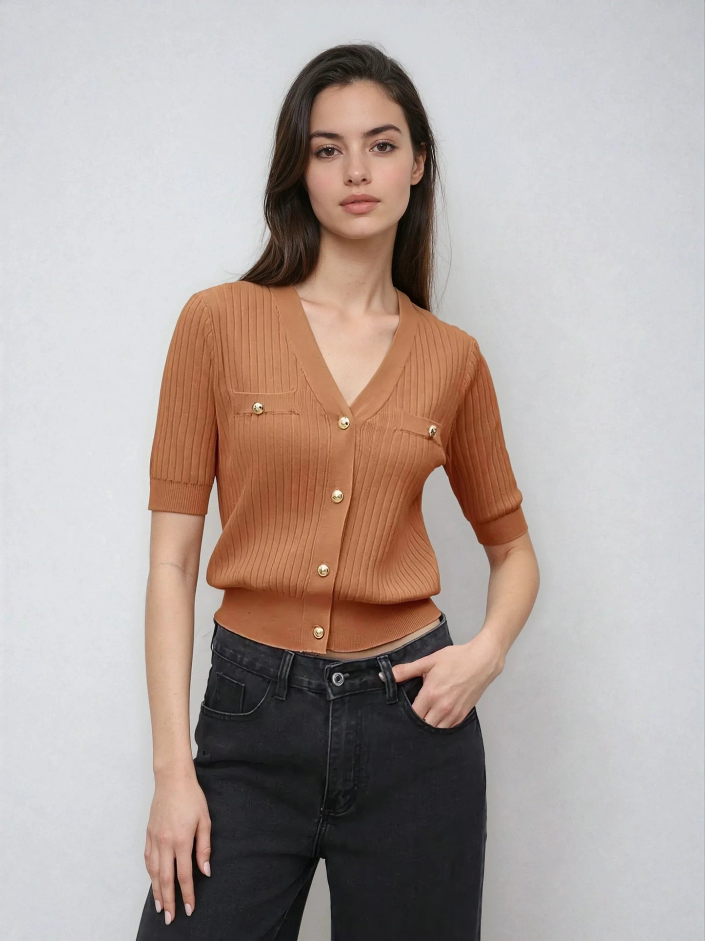 V Neck Knit Sweater With Button Front Short Sleeve