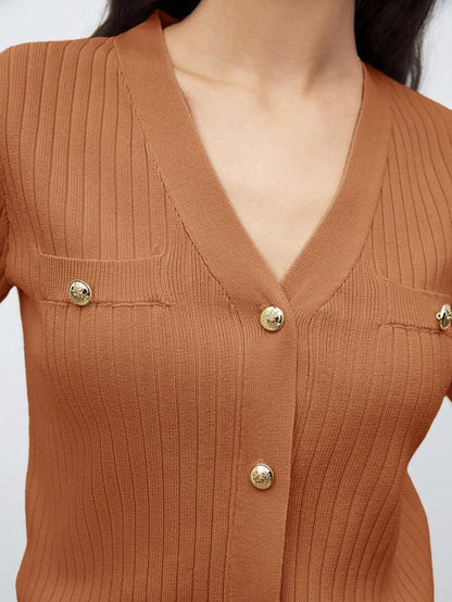 V Neck Knit Sweater With Button Front Short Sleeve