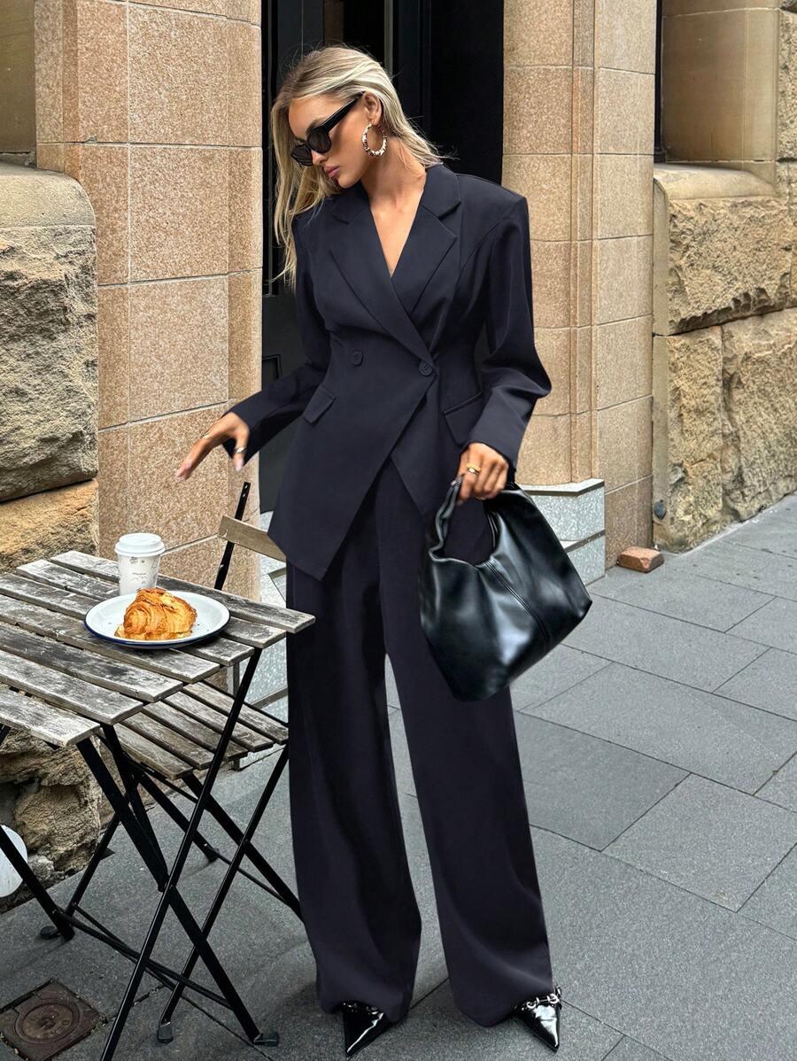 Notched Collar Jacket and Pants Office Suit Coffee Brown