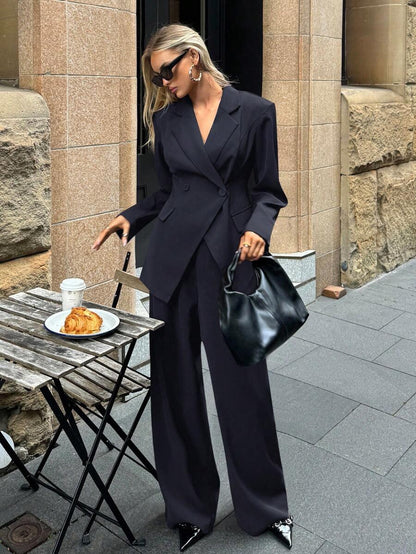 Notched Collar Jacket and Pants Office Suit Coffee Brown