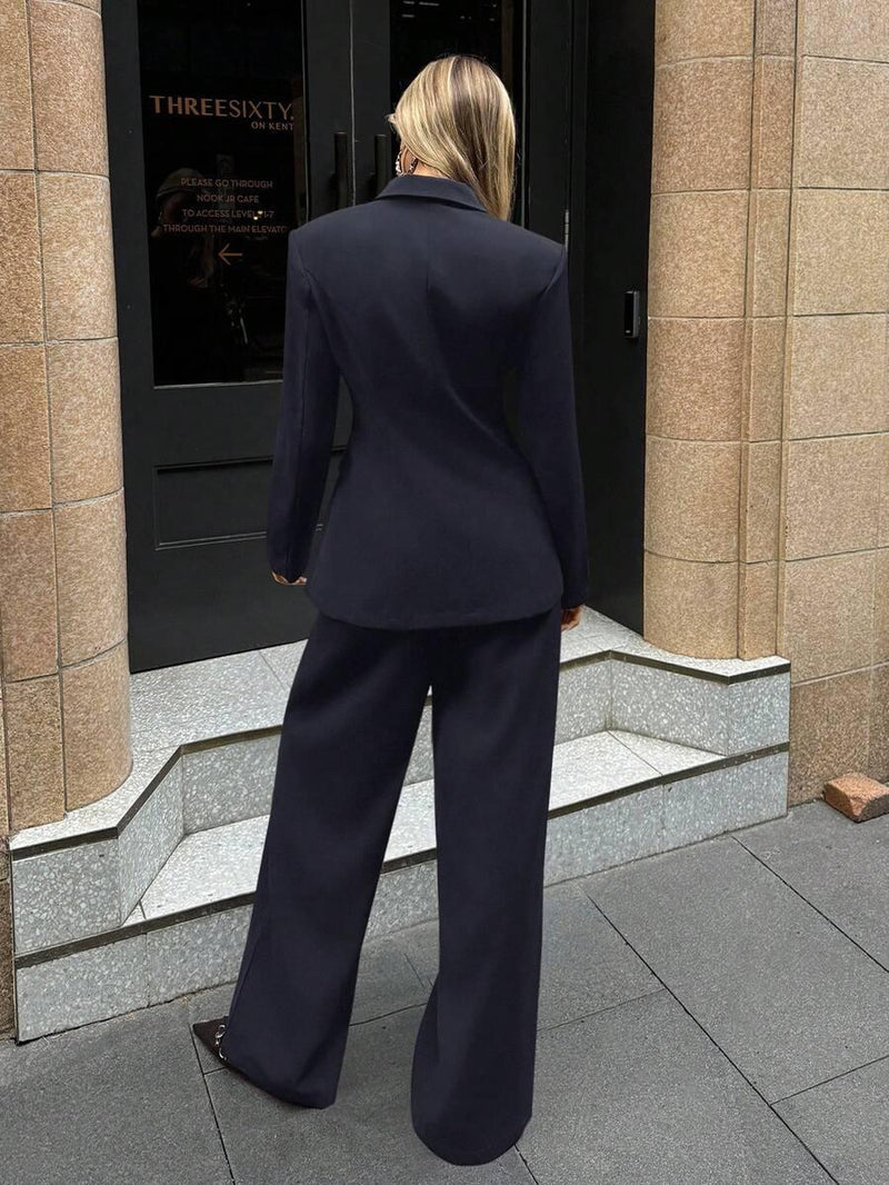 Notched Collar Jacket and Pants Office Suit Coffee Brown