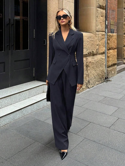 Notched Collar Jacket and Pants Office Suit Coffee Brown