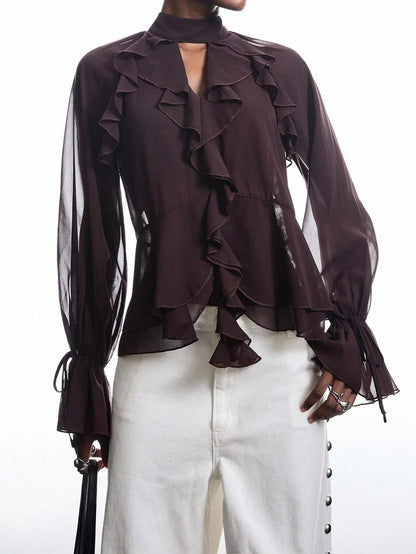 Brown Ruffle Sleeve Tie Neck Blouse Flare Top