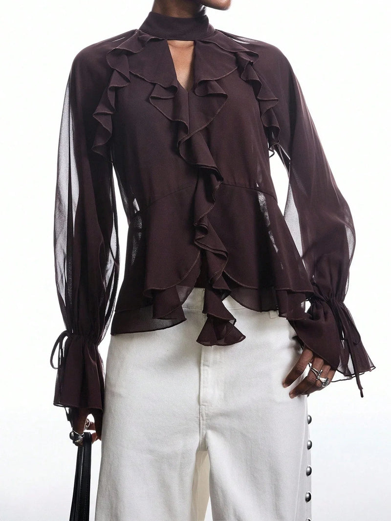 Brown Ruffle Sleeve Tie Neck Blouse Flare Top