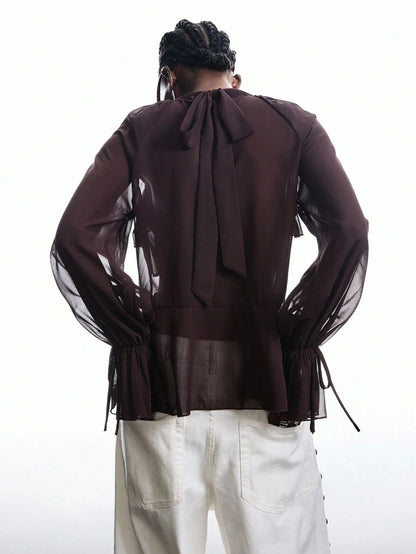 Brown Ruffle Sleeve Tie Neck Blouse Flare Top