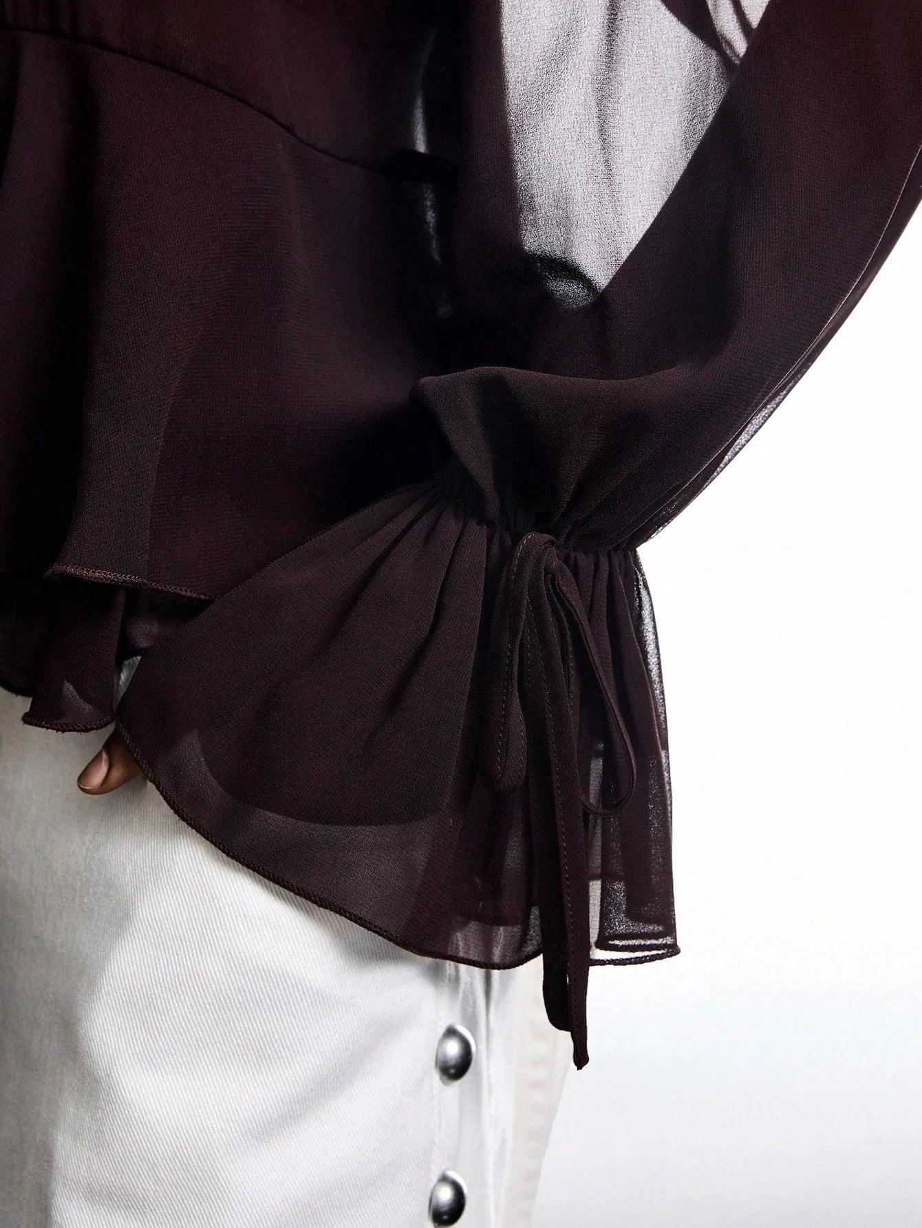 Brown Ruffle Sleeve Tie Neck Blouse Flare Top