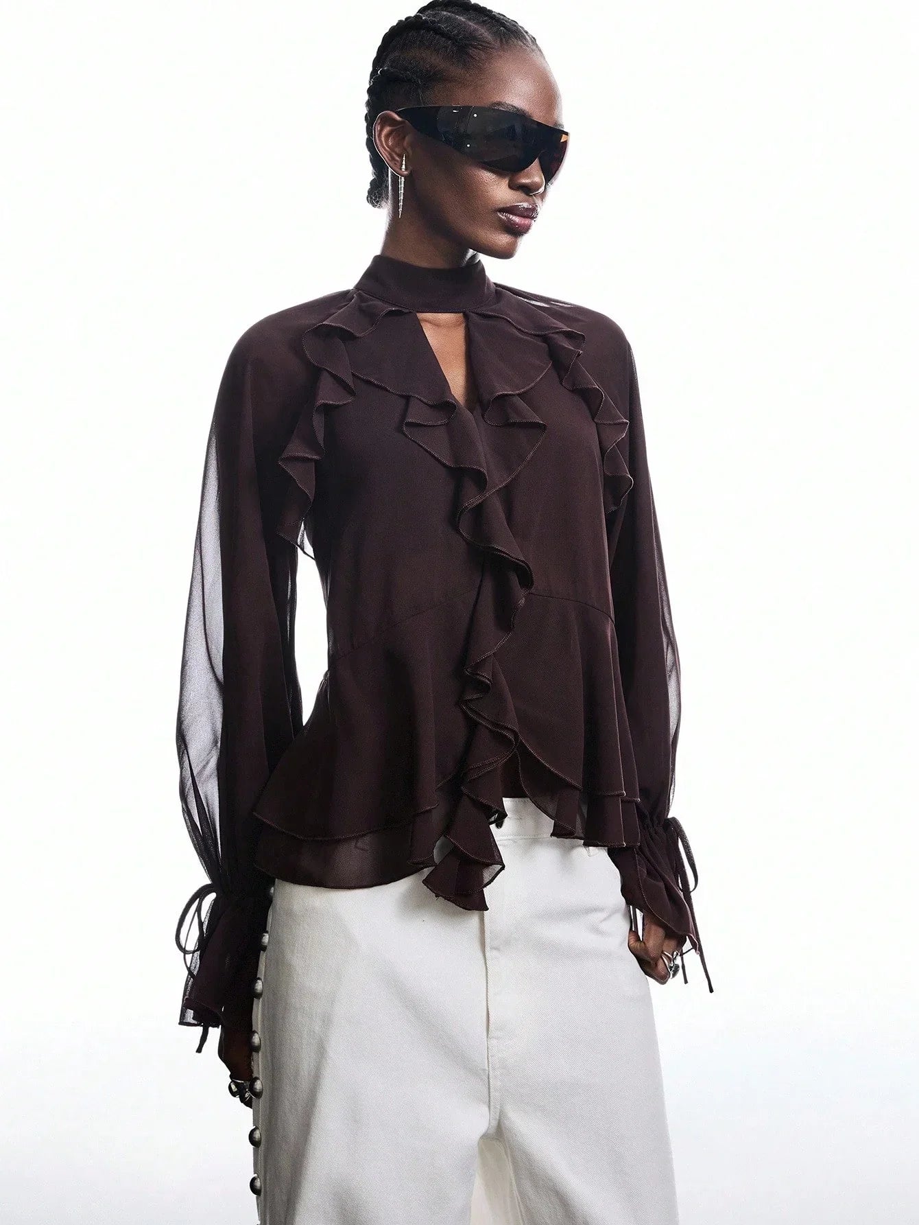 Brown Ruffle Sleeve Tie Neck Blouse Flare Top