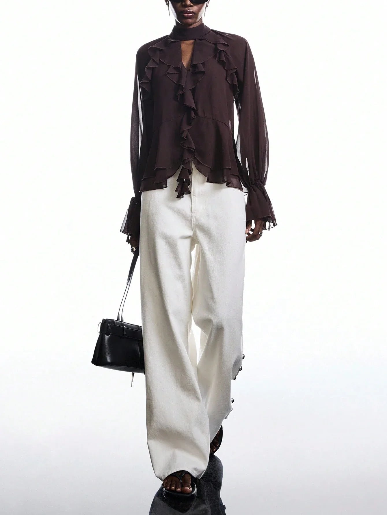 Brown Ruffle Sleeve Tie Neck Blouse Flare Top