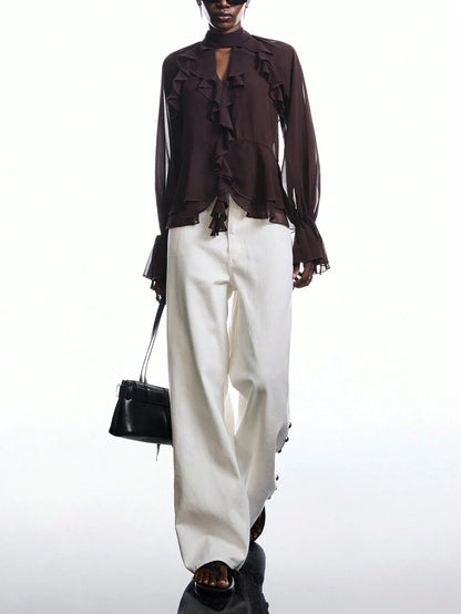 Brown Ruffle Sleeve Tie Neck Blouse Flare Top