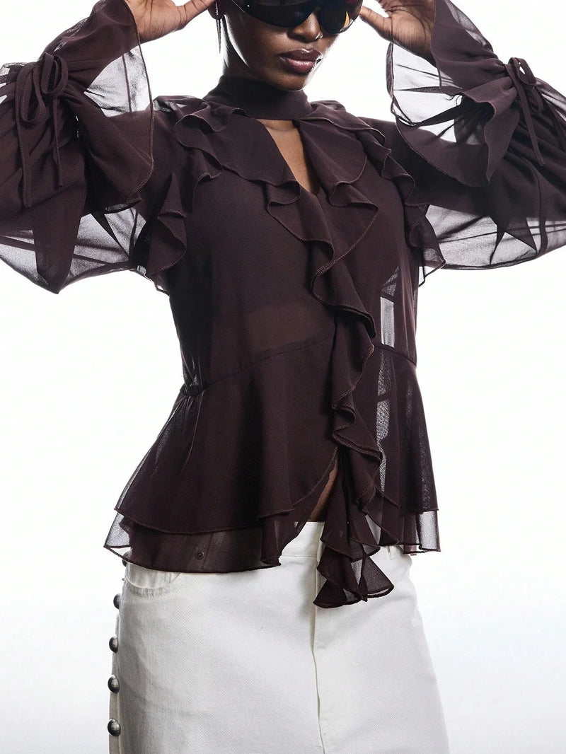 Brown Ruffle Sleeve Tie Neck Blouse Flare Top
