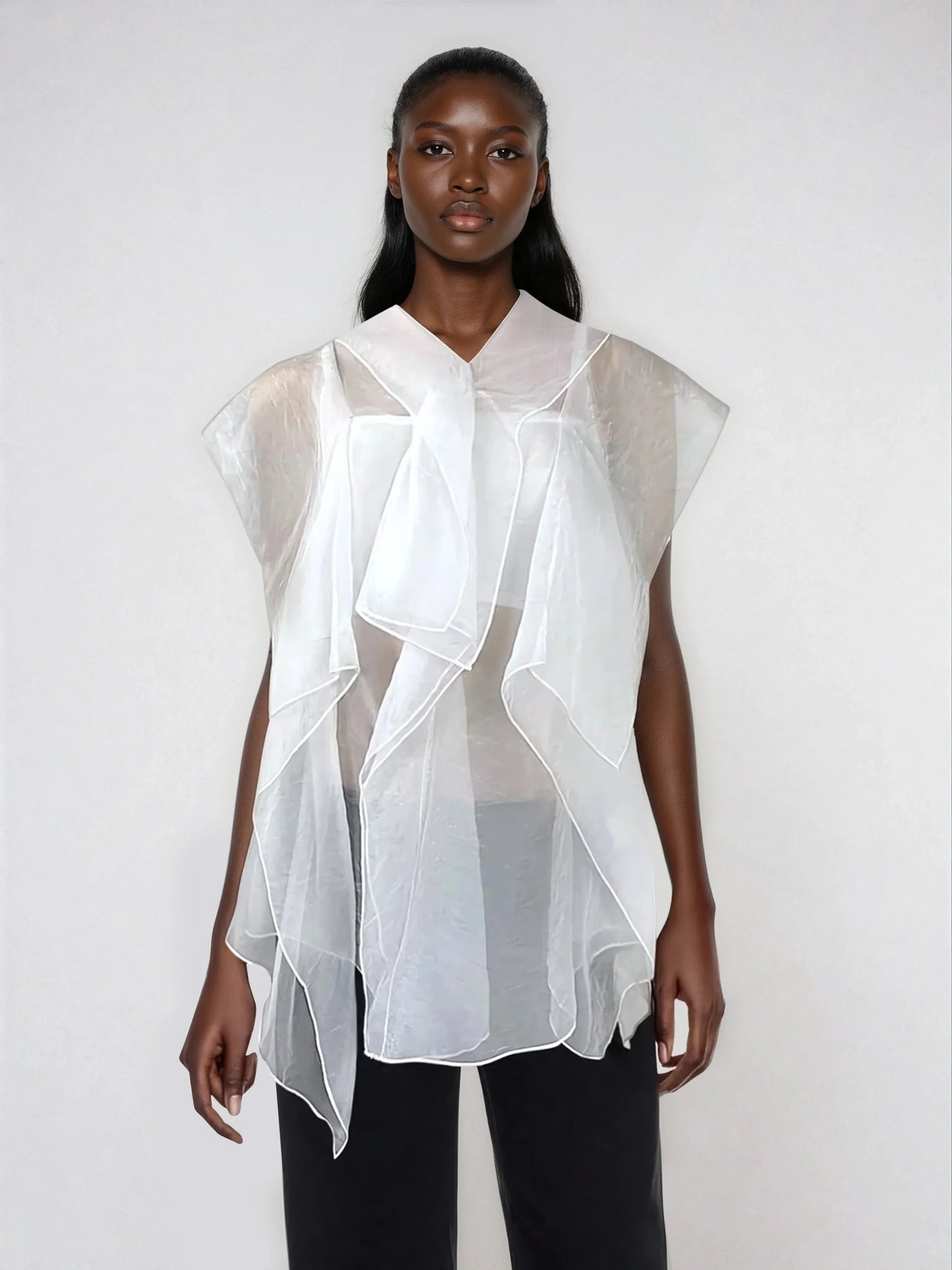 Ruffle Trim Mesh Patchwork Blouse Button Front