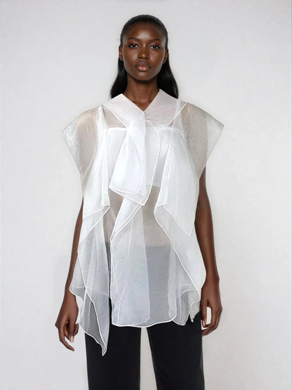 Ruffle Trim Mesh Patchwork Blouse Button Front