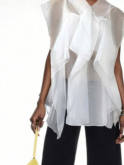 Ruffle Trim Mesh Patchwork Blouse Button Front