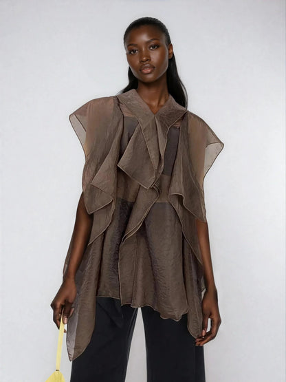 Ruffle Trim Mesh Patchwork Blouse Button Front