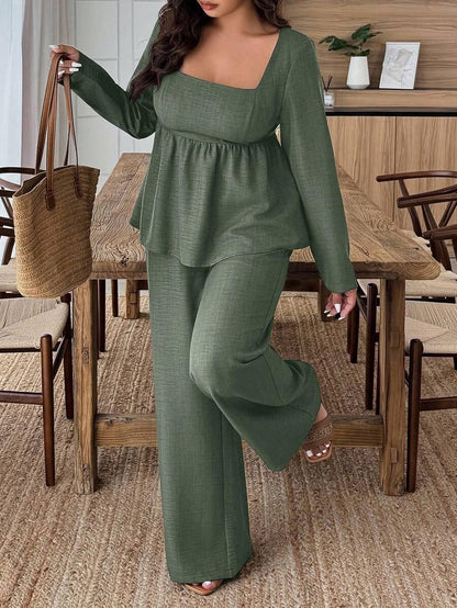 Army Green Square Neck Two Piece Set Comfort