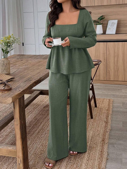 Army Green Square Neck Two Piece Set Comfort