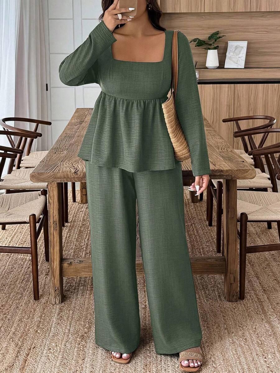 Army Green Square Neck Two Piece Set Comfort