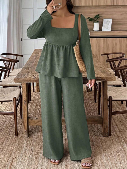 Army Green Square Neck Two Piece Set Comfort