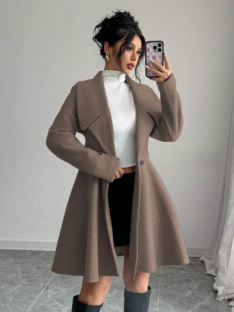 Minimalist Wool Overcoat With Waterfall Neckline