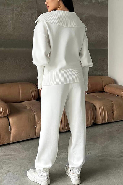 Color Long-sleeved Zip-up Sweatshirt and Elastic Waist Loose Pocket Pants Set